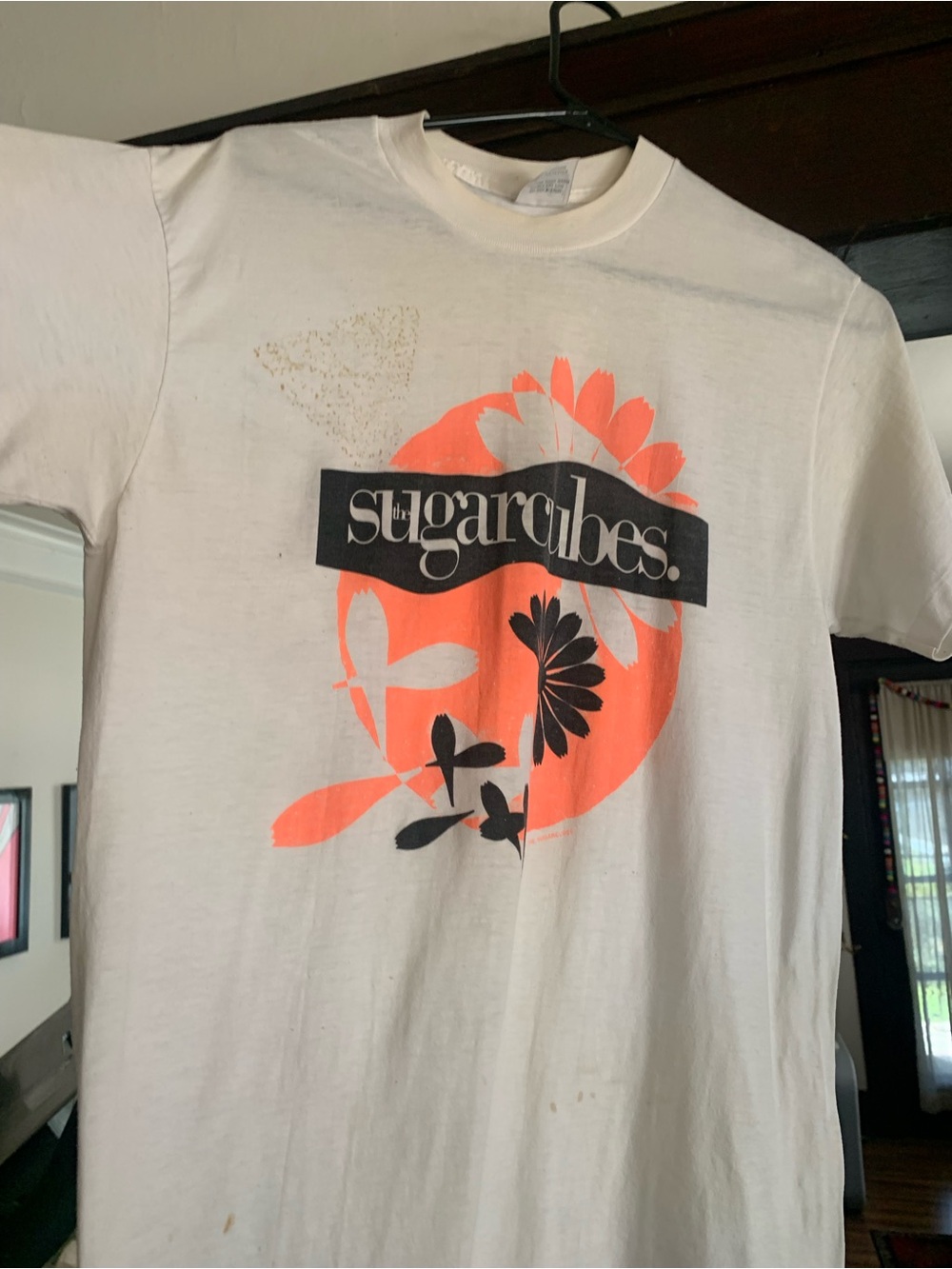 Sugar Cubes White Graphic Tee with Neon Orange & Black Floral Print